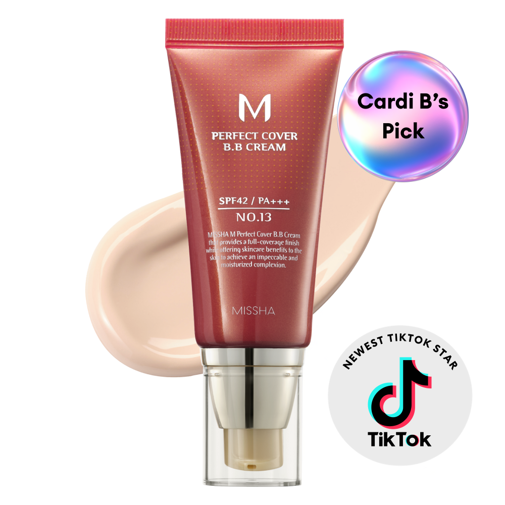 Missha Perfect Cover B.B Cream tube with swatch on white background, featuring TikTok logo. Missha Perfect Cover B.B Cream tube with swatch on white background, featuring TikTok logo.