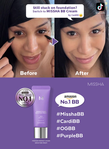 Advertisement for Missha BB Cream showing a 'Before' and 'After' effect on Cardi B's face, with product packaging displayed below. Advertisement for Missha BB Cream showing a 'Before' and 'After' effect on Cardi B's face, with product packaging displayed below.
