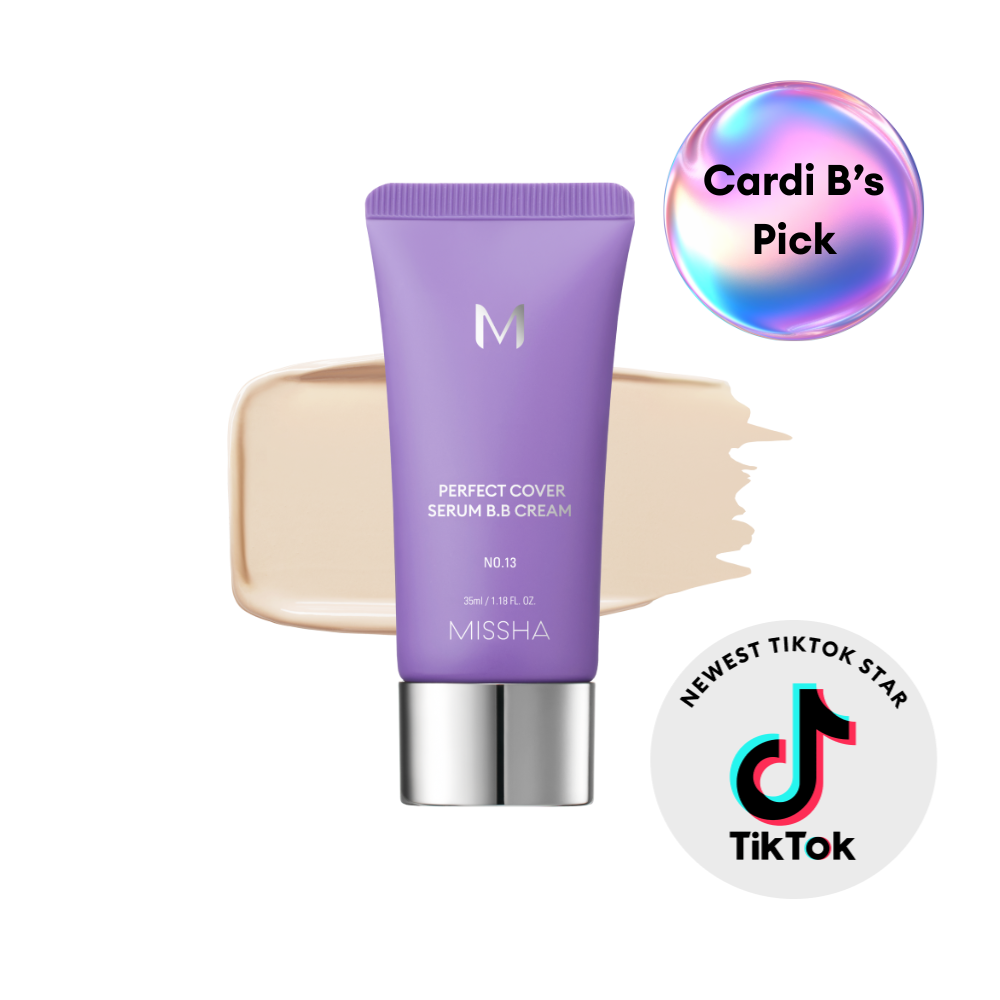 Purple cosmetic tube labeled 'M' with a beige swatch, 'Cardi B's Pick' bubble, and TikTok logo on a white background. Purple cosmetic tube labeled 'M' with a beige swatch, 'Cardi B's Pick' bubble, and TikTok logo on a white background.