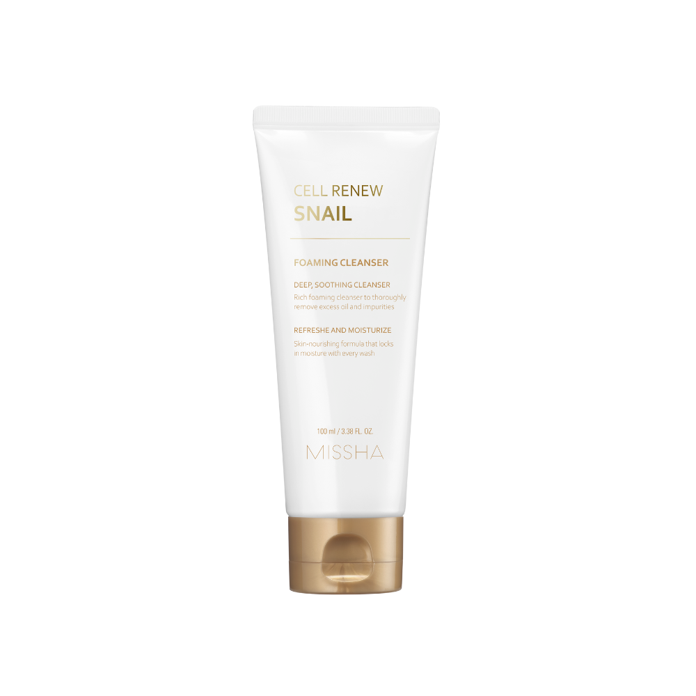 A tube of Missha Cell Renew Snail Foaming Cleanser with white and beige color scheme. A tube of Missha Cell Renew Snail Foaming Cleanser with white and beige color scheme.