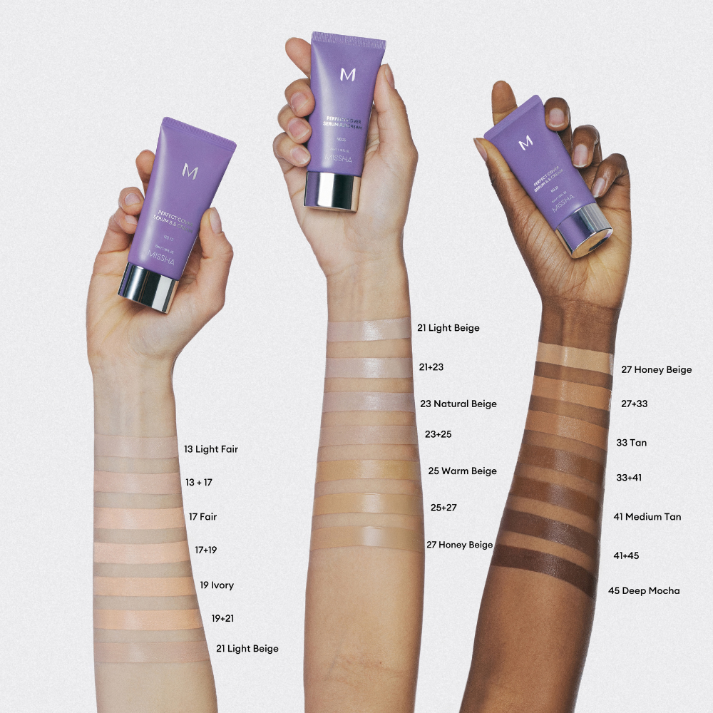 Three different arms, from light to dark skin tones, are shown holding tubes of Missha Perfect Cover Serum BB Cream above swatches of different shades. Three different arms, from light to dark skin tones, are shown holding tubes of Missha Perfect Cover Serum BB Cream above swatches of different shades.