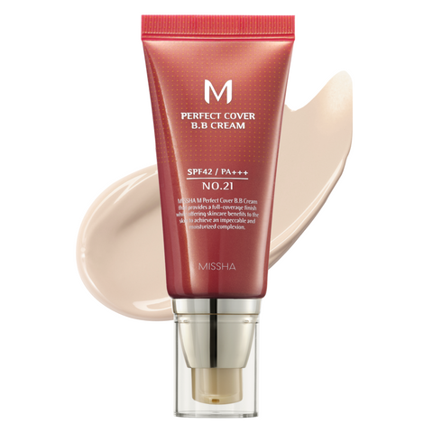 A pump bottle of MISSHA M Perfect Cover BB Cream with a swatch of the product color next to it, indicating medium to high coverage. A pump bottle of MISSHA M Perfect Cover BB Cream with a swatch of the product color next to it, indicating medium to high coverage.