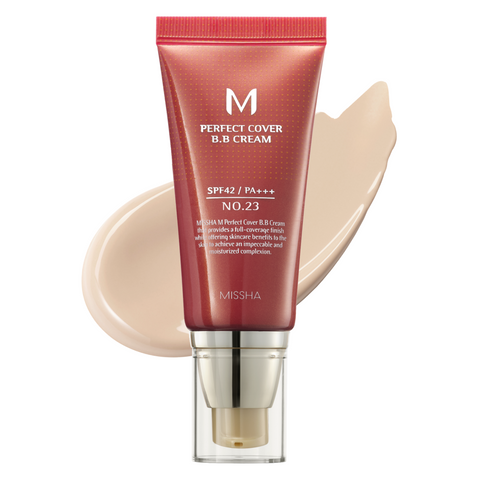 A pump bottle of MISSHA M Perfect Cover BB Cream with a swatch of the product color next to it, indicating medium to high coverage. A pump bottle of MISSHA M Perfect Cover BB Cream with a swatch of the product color next to it, indicating medium to high coverage.