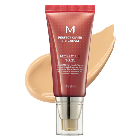 A pump bottle of MISSHA M Perfect Cover BB Cream with a swatch of the product color next to it, indicating medium to high coverage. A pump bottle of MISSHA M Perfect Cover BB Cream with a swatch of the product color next to it, indicating medium to high coverage.