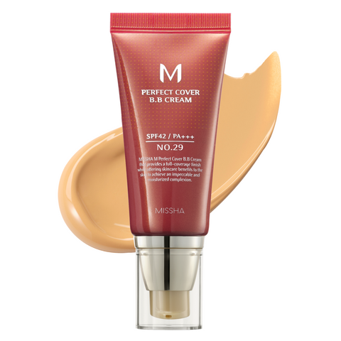 A pump bottle of MISSHA M Perfect Cover BB Cream with a swatch of the product color next to it, indicating medium to high coverage. A pump bottle of MISSHA M Perfect Cover BB Cream with a swatch of the product color next to it, indicating medium to high coverage.