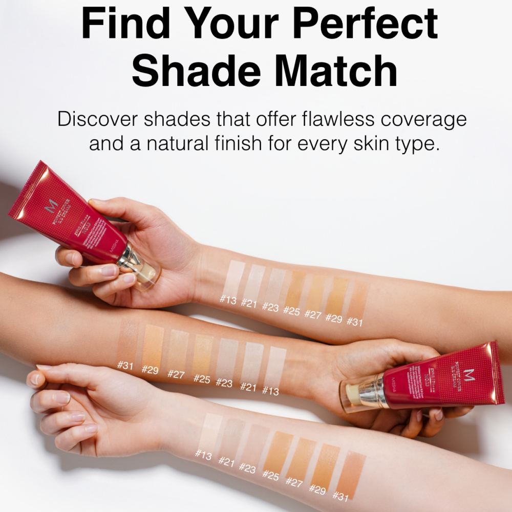"MISSHA Perfect Cover BB Cream shade range from #13 to #31 shown on diverse skin tones, demonstrating flawless coverage and natural finish for all skin types. "MISSHA Perfect Cover BB Cream shade range from #13 to #31 shown on diverse skin tones, demonstrating flawless coverage and natural finish for all skin types.