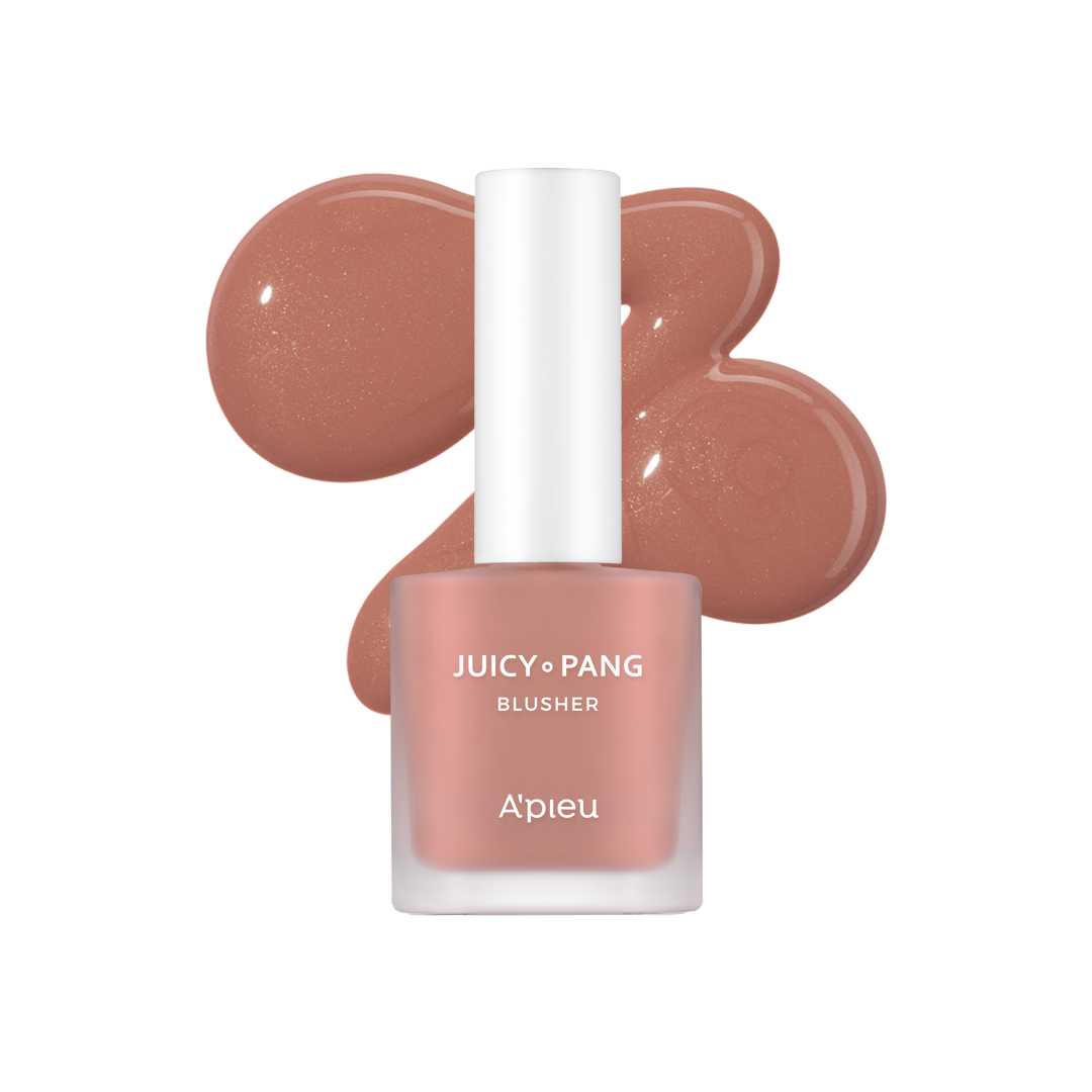 A bottle of A'pieu Juicy Pang Water Blusher with a brush applicator, displaying the color of the blush and a swatch of the product showing its color and texture. A bottle of A'pieu Juicy Pang Water Blusher with a brush applicator, displaying the color of the blush and a swatch of the product showing its color and texture.