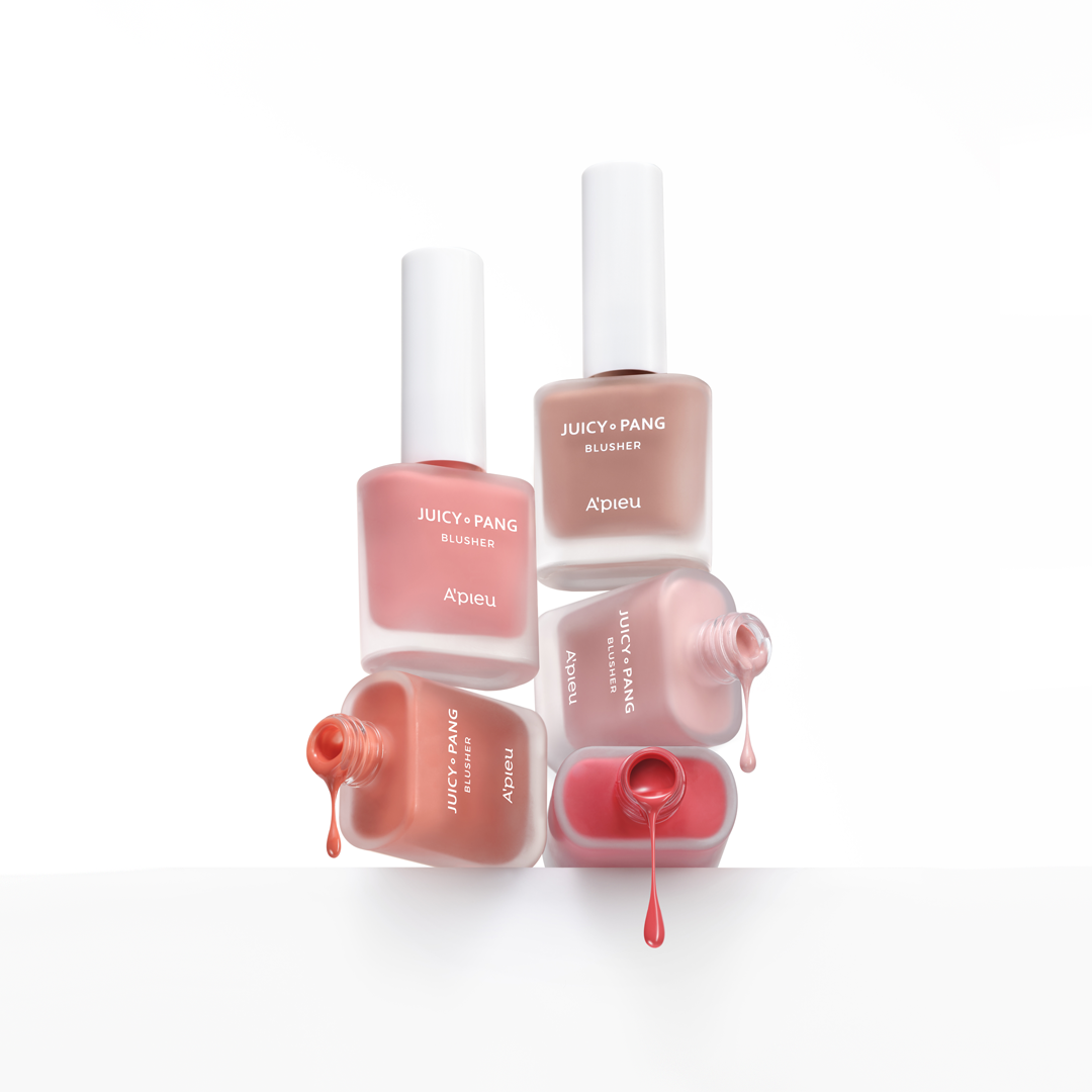 A'pieu Juicy Pang Water Blusher in various shades, displayed with the product name on top of each bottle. A'pieu Juicy Pang Water Blusher in various shades, displayed with the product name on top of each bottle.