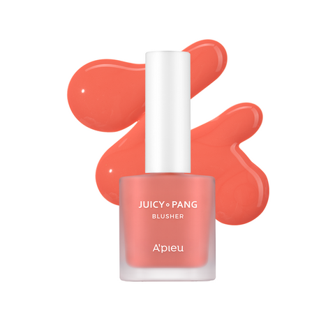 One bottle of A'pieu Juicy Pang Water Blusher with a brush applicator, displaying the color of the blush and a swatch of the product showing its color and texture. One bottle of A'pieu Juicy Pang Water Blusher with a brush applicator, displaying the color of the blush and a swatch of the product showing its color and texture.