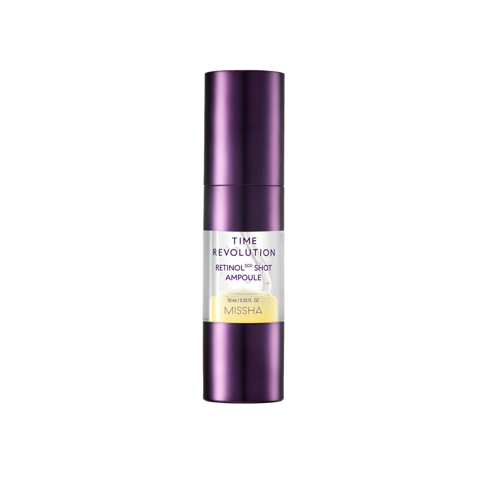 A purple ampoule of Time Revolution Night Repair Retinol Intensive Ampoule by Missha, designed for overnight skin care treatment. A purple ampoule of Time Revolution Night Repair Retinol Intensive Ampoule by Missha, designed for overnight skin care treatment.