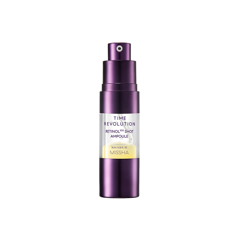 A purple ampoule of Time Revolution Night Repair Retinol Intensive Ampoule without lid by Missha, designed for overnight skin care treatment. A purple ampoule of Time Revolution Night Repair Retinol Intensive Ampoule without lid by Missha, designed for overnight skin care treatment.