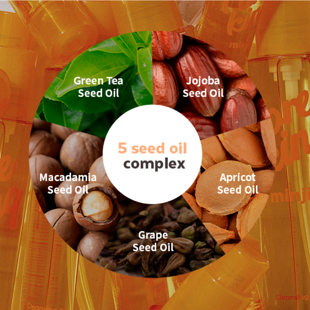 Infographic showing the “5 Seed Oil Complex” used in A’pieu Pore King Minji Cleansing Oil. The circular layout highlights five natural seed oils: Green Tea Seed Oil, Jojoba Seed Oil, Apricot Seed Oil, Grape Seed Oil, and Macadamia Seed Oil. The background shows a soft overlay of yellow bottles of the Pore King product. Infographic showing the “5 Seed Oil Complex” used in A’pieu Pore King Minji Cleansing Oil. The circular layout highlights five natural seed oils: Green Tea Seed Oil, Jojoba Seed Oil, Apricot Seed Oil, Grape Seed Oil, and Macadamia Seed Oil. The background shows a soft overlay of yellow bottles of the Pore King product.
