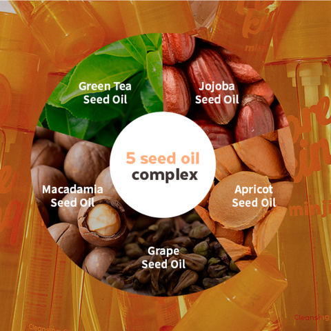 Infographic showing the “5 Seed Oil Complex” used in A’pieu Pore King Minji Cleansing Oil. The circular layout highlights five natural seed oils: Green Tea Seed Oil, Jojoba Seed Oil, Apricot Seed Oil, Grape Seed Oil, and Macadamia Seed Oil. The background shows a soft overlay of yellow bottles of the Pore King product. Infographic showing the “5 Seed Oil Complex” used in A’pieu Pore King Minji Cleansing Oil. The circular layout highlights five natural seed oils: Green Tea Seed Oil, Jojoba Seed Oil, Apricot Seed Oil, Grape Seed Oil, and Macadamia Seed Oil. The background shows a soft overlay of yellow bottles of the Pore King product.
