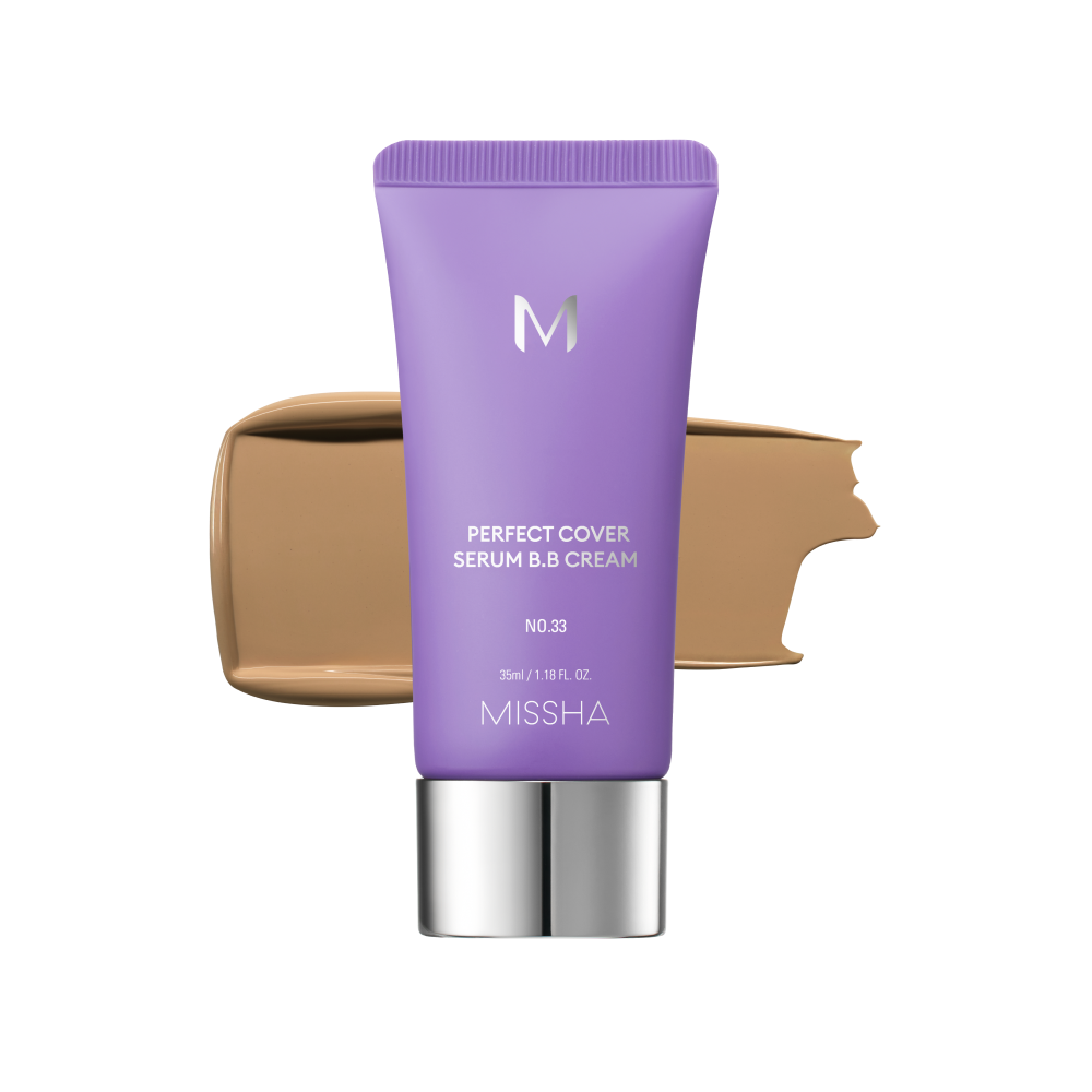 A tube of MISSHA M Perfect Cover Serum BB Cream with a swatch of the cream color next to it, indicating a light to medium tone with a cool or neutral undertone. A tube of MISSHA M Perfect Cover Serum BB Cream with a swatch of the cream color next to it, indicating a light to medium tone with a cool or neutral undertone.