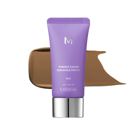 A tube of MISSHA M Perfect Cover Serum BB Cream with a swatch of the cream color next to it, indicating a light to medium tone with a cool or neutral undertone. A tube of MISSHA M Perfect Cover Serum BB Cream with a swatch of the cream color next to it, indicating a light to medium tone with a cool or neutral undertone.