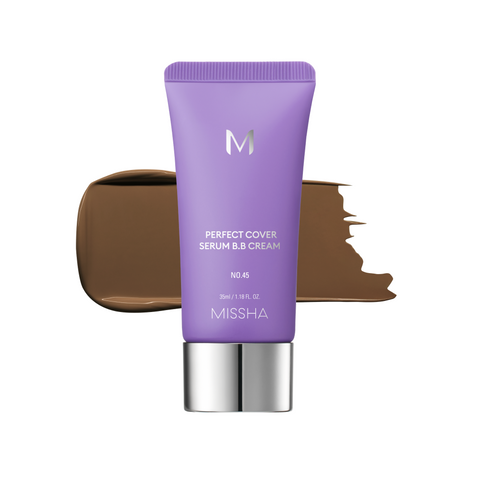 A tube of MISSHA M Perfect Cover Serum BB Cream with a swatch of the cream color next to it, indicating a light to medium tone with a cool or neutral undertone. A tube of MISSHA M Perfect Cover Serum BB Cream with a swatch of the cream color next to it, indicating a light to medium tone with a cool or neutral undertone.