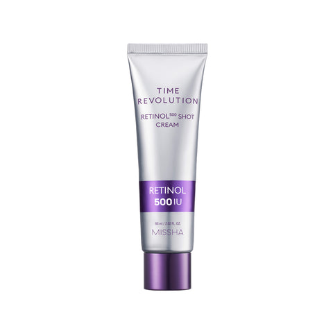 A tube of Missha Time Revolution Night Repair Retinol 500 Shot Cream with purple and silver color scheme. A tube of Missha Time Revolution Night Repair Retinol 500 Shot Cream with purple and silver color scheme.