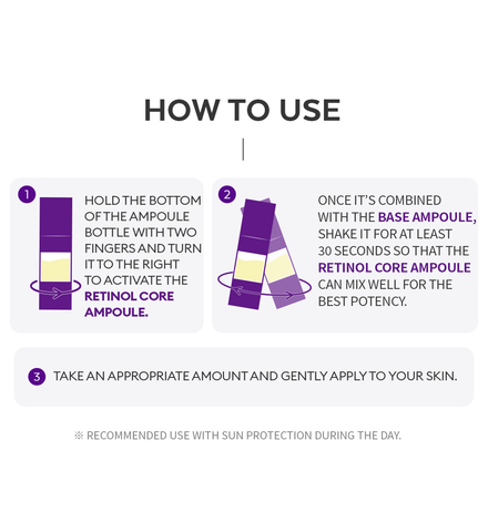 Graphic guide showing how to use the Missha Time Revolution Retinol Core Ampoule. Step 1 instructs turning the bottom to activate the Retinol Core Ampoule. Step 2 shows shaking to mix with the Base Ampoule for potency. Step 3 is application to skin, with a note to use sun protection during the day. Graphic guide showing how to use the Missha Time Revolution Retinol Core Ampoule. Step 1 instructs turning the bottom to activate the Retinol Core Ampoule. Step 2 shows shaking to mix with the Base Ampoule for potency. Step 3 is application to skin, with a note to use sun protection during the day.