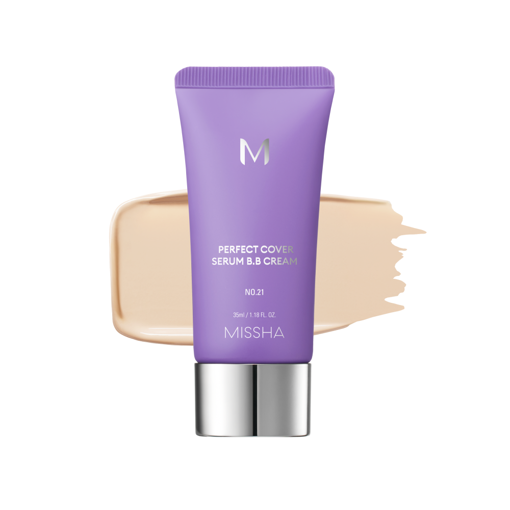 A tube of MISSHA M Perfect Cover Serum BB Cream with a swatch of the cream color next to it, indicating a light to medium tone with a cool or neutral undertone. A tube of MISSHA M Perfect Cover Serum BB Cream with a swatch of the cream color next to it, indicating a light to medium tone with a cool or neutral undertone.