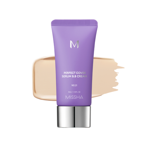 A tube of MISSHA M Perfect Cover Serum BB Cream with a swatch of the cream color next to it, indicating a light to medium tone with a cool or neutral undertone. A tube of MISSHA M Perfect Cover Serum BB Cream with a swatch of the cream color next to it, indicating a light to medium tone with a cool or neutral undertone.