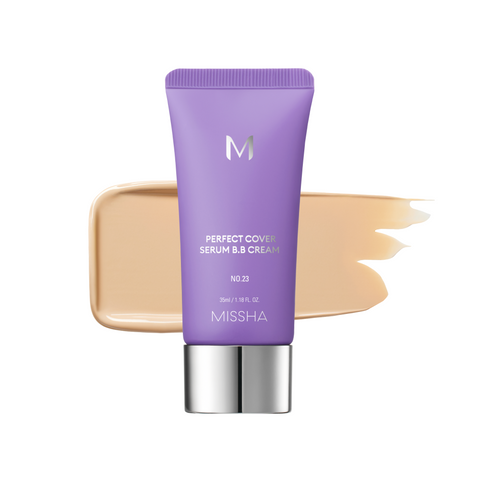 A tube of MISSHA M Perfect Cover Serum BB Cream with a swatch of the cream color next to it, indicating a light to medium tone with a cool or neutral undertone. A tube of MISSHA M Perfect Cover Serum BB Cream with a swatch of the cream color next to it, indicating a light to medium tone with a cool or neutral undertone.