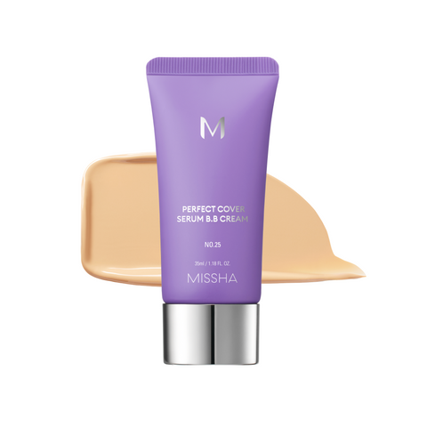 A tube of MISSHA M Perfect Cover Serum BB Cream with a swatch of the cream color next to it, indicating a light to medium tone with a cool or neutral undertone. A tube of MISSHA M Perfect Cover Serum BB Cream with a swatch of the cream color next to it, indicating a light to medium tone with a cool or neutral undertone.