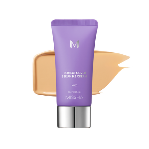 A tube of MISSHA M Perfect Cover Serum BB Cream with a swatch of the cream color next to it, indicating a light to medium tone with a cool or neutral undertone. A tube of MISSHA M Perfect Cover Serum BB Cream with a swatch of the cream color next to it, indicating a light to medium tone with a cool or neutral undertone.