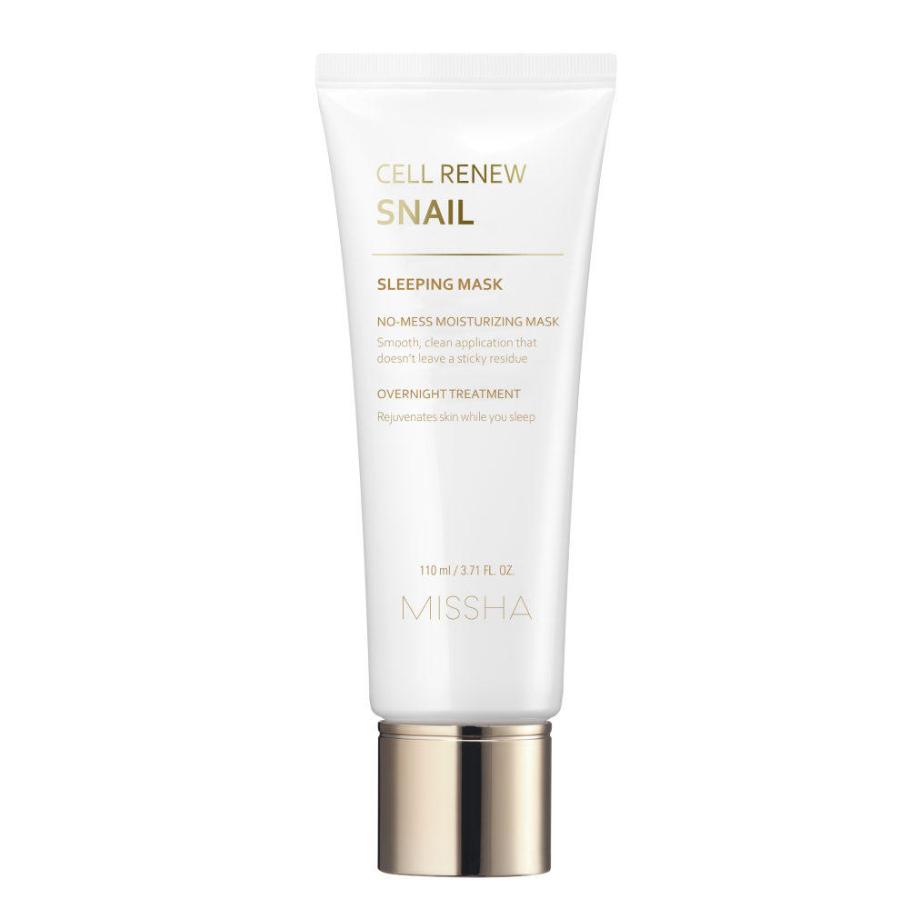 A tube of Missha Cell Renew Snail Sleeping Mask with white and gold packaging. A tube of Missha Cell Renew Snail Sleeping Mask with white and gold packaging.