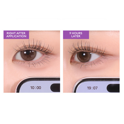 MISSHA Ultra Powerproof Thin Mascara long-wear test showing curled lashes right after application and 9 hours later with no smudging MISSHA Ultra Powerproof Thin Mascara long-wear test showing curled lashes right after application and 9 hours later with no smudging