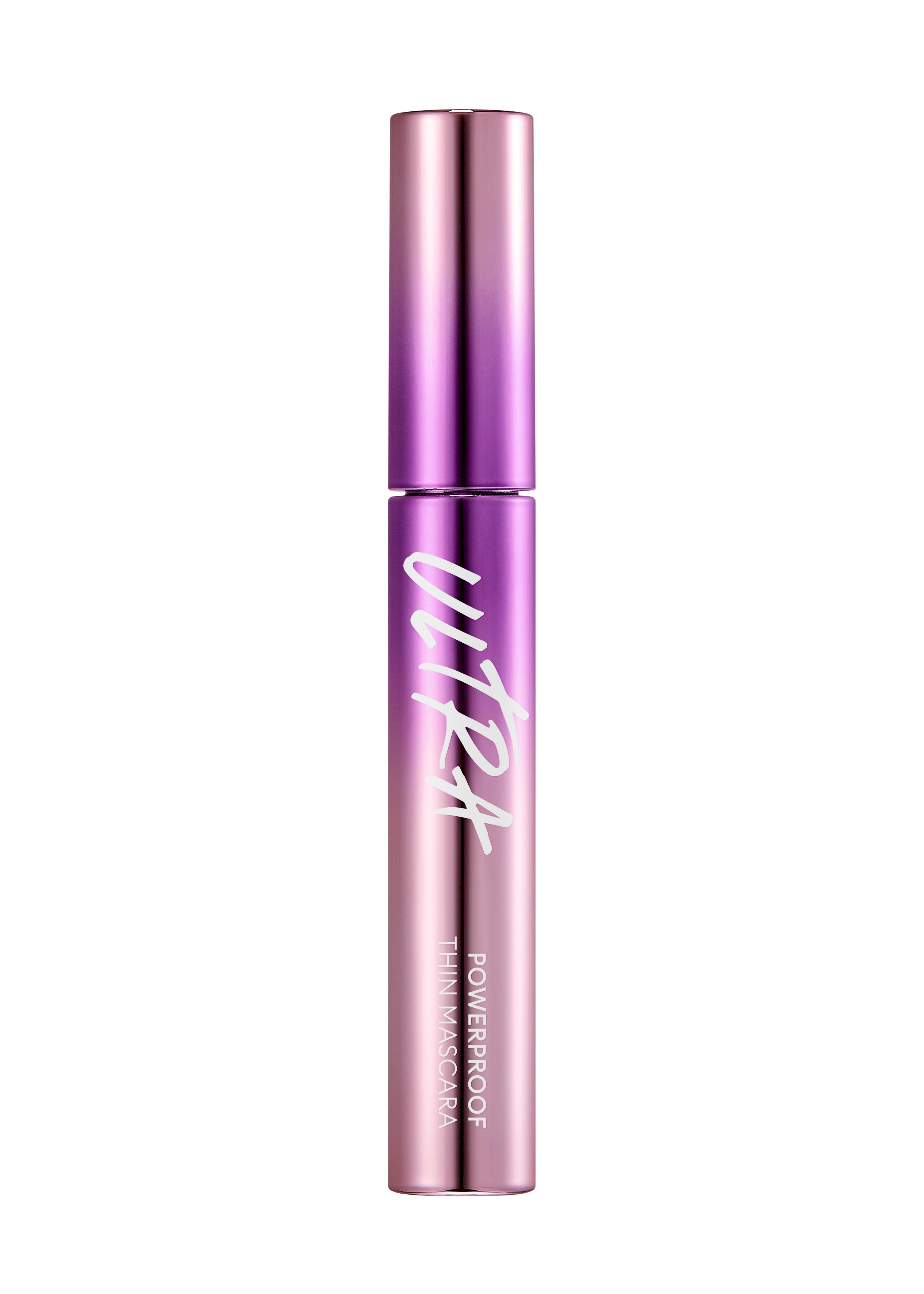 A tube of MISSHA Ultra Powerproof Thin Mascara with a brush, displayed on a reflective surface with a colorful, holographic background. A tube of MISSHA Ultra Powerproof Thin Mascara with a brush, displayed on a reflective surface with a colorful, holographic background.
