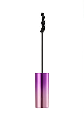 A wand of MISSHA Ultra Powerproof Thin Mascara with a brush, displayed on a reflective surface with a colorful, holographic background. A wand of MISSHA Ultra Powerproof Thin Mascara with a brush, displayed on a reflective surface with a colorful, holographic background.