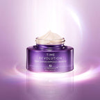 MISSHA Time Revolution Night Repair Ampoule Cream 5X in a luxurious purple jar with a swirl of creamy texture on top, illuminated by a soft violet glow on a radiant gradient background.