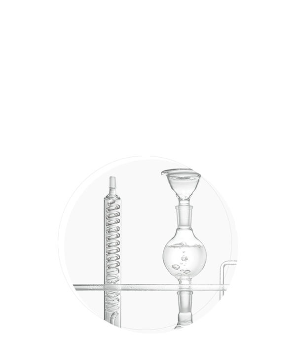 Reflux condenser on left and round-bottom flask on right, both displayed against a clean white background.