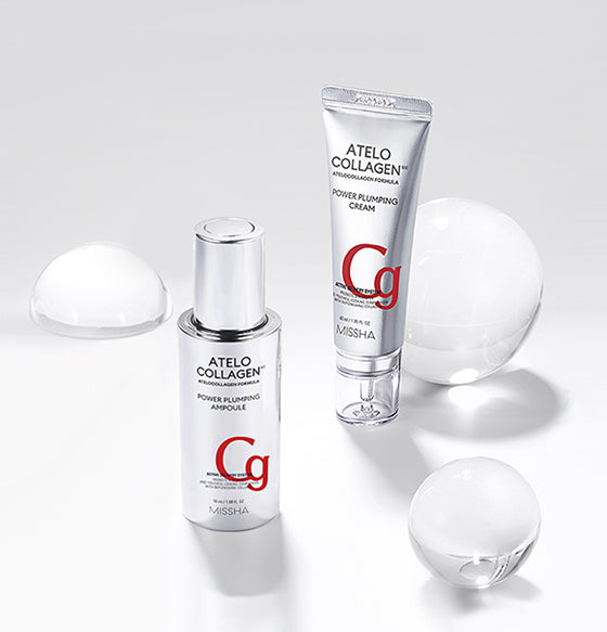 Two collagen skincare products, a serum and cream, displayed on a minimalist white background with glossy orbs.