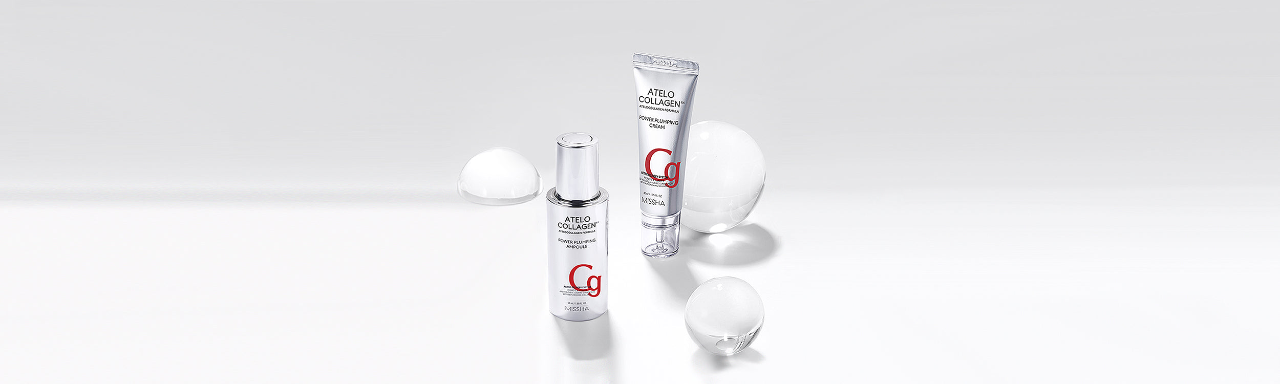 Two collagen skincare products, a serum and cream, displayed on a minimalist white background with glossy orbs.