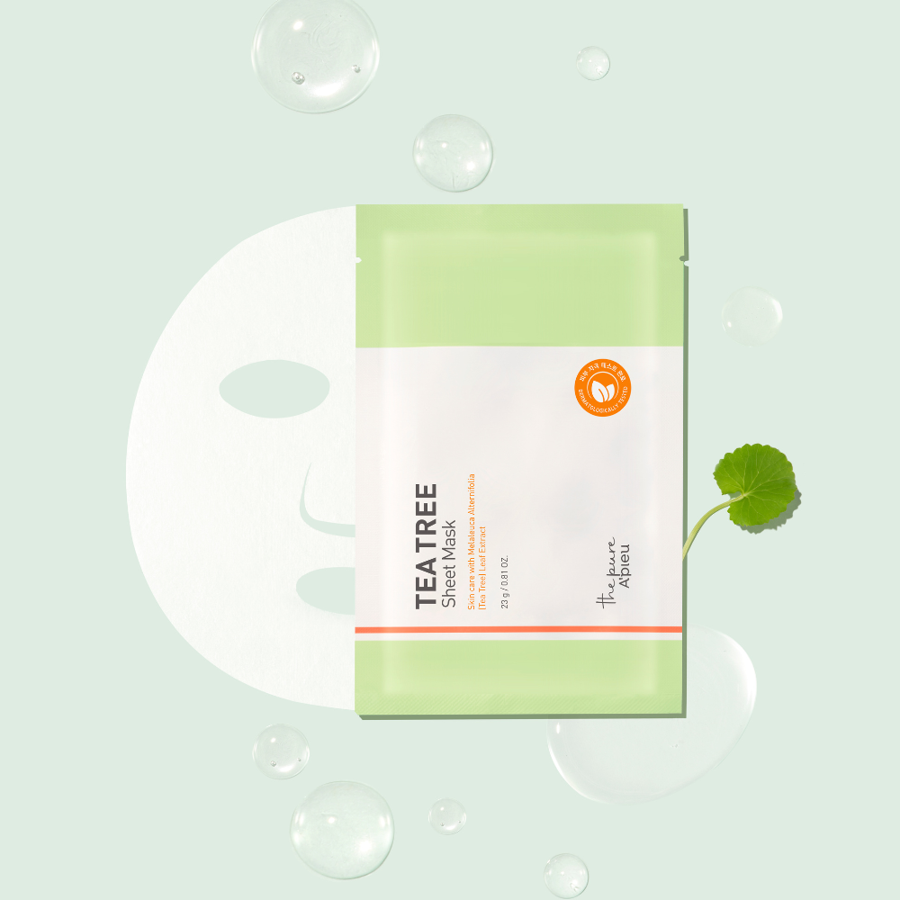 Tea tree sheet mask packaging on a light green background with bubbles