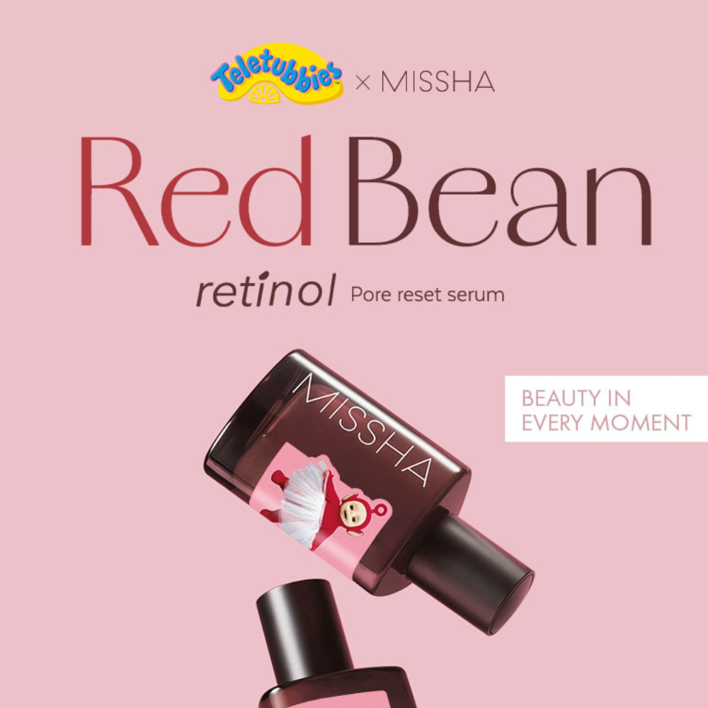 Missha Red Bean retinol pore reset serum with Teletubbies branding on a pink background