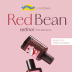 Missha Red Bean retinol pore reset serum with Teletubbies branding on a pink background
