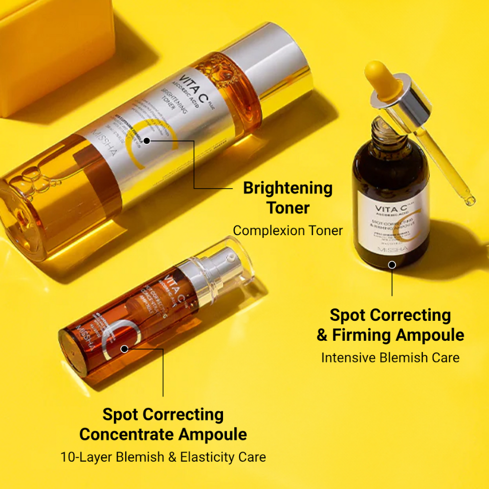 MISSHA Vita C Plus skincare trio displayed on a bright yellow background — featuring the Brightening Toner, Spot Correcting & Firming Ampoule, and Spot Correcting Concentrate Ampoule, each labeled with their key benefits like complexion brightening, blemish care, and elasticity improvement.