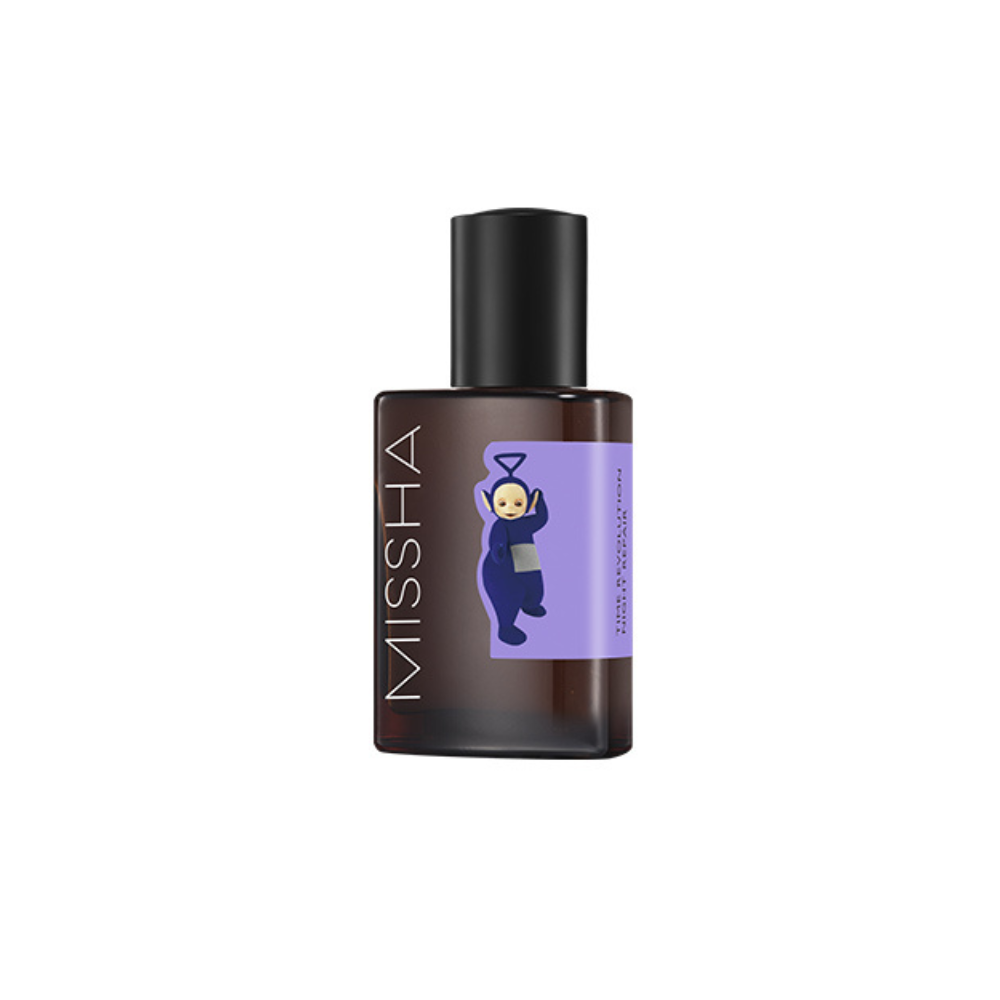 MISSHA Time Revolution Night Repair Ampoule bottle featuring a Teletubbies character on a purple label.