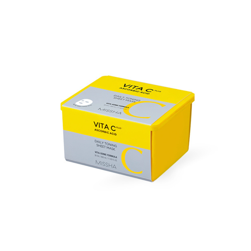 Yellow and white box of Missha Vita C Ascorbic Acid sheet masks on a white background