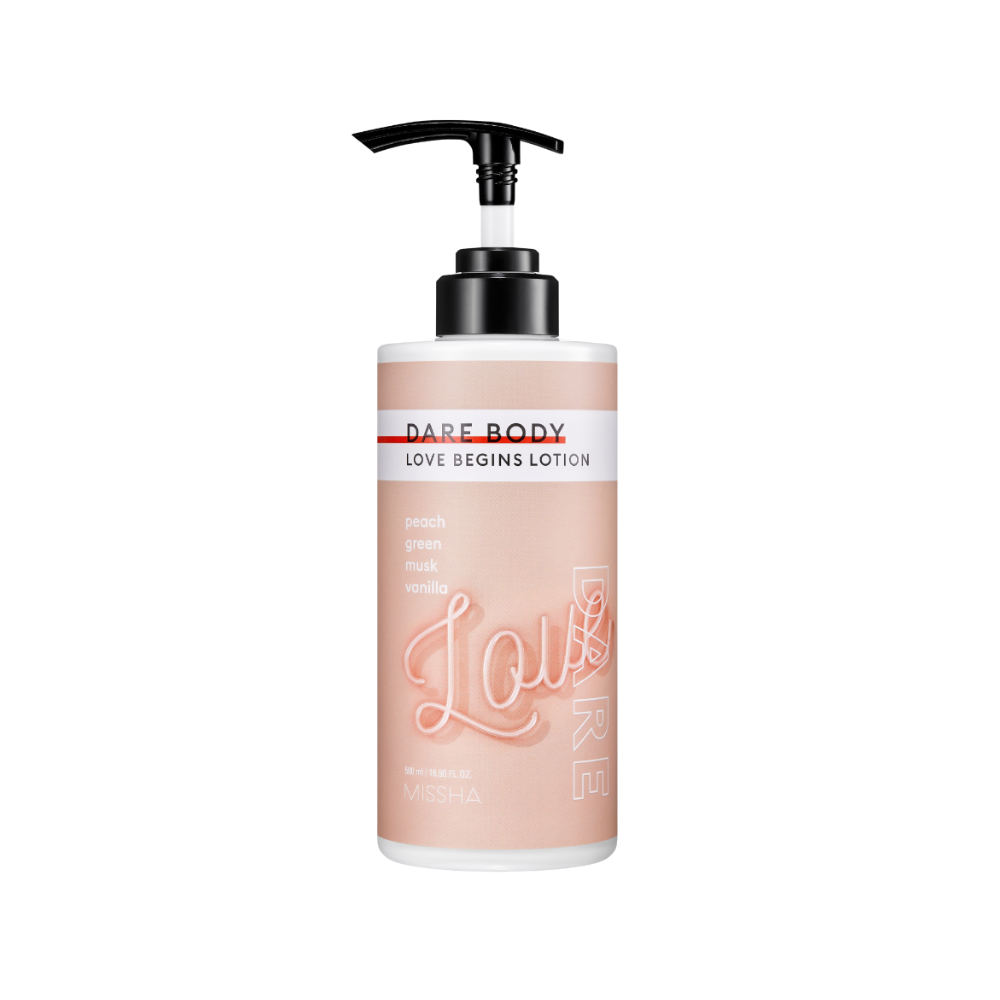 A pump bottle of Missha Dare Body Lotion with the text 'Love Begins' on the label.