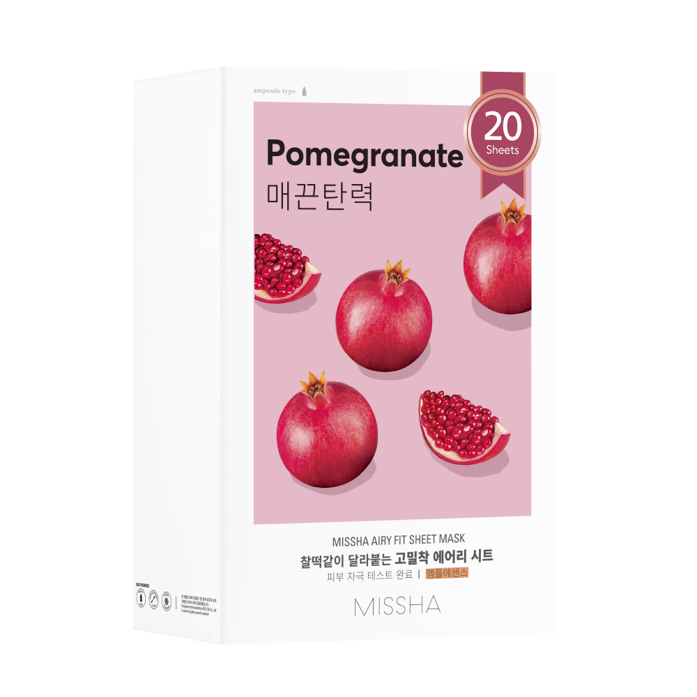 A packaged sheet mask product with the image of pomegranate fruits on the front, indicating the flavor or ingredient of the mask.