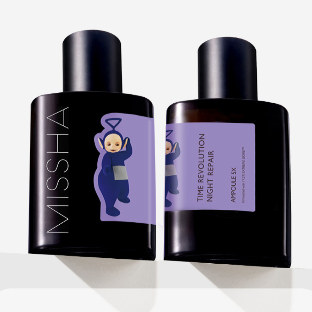 Two MISSHA Time Revolution Night Repair Ampoule bottles with purple labels, one featuring a Teletubbies character illustration.
