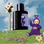 MISSHA Teletubbies edition ampoule bottle featuring the purple Teletubby on the label, displayed on a grassy hill with flowers and a windmill under a blue sky beside the matching Teletubbies character.