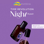 MISSHA Time Revolution Night Repair serum bottle with teletubbies branding on a purple background
