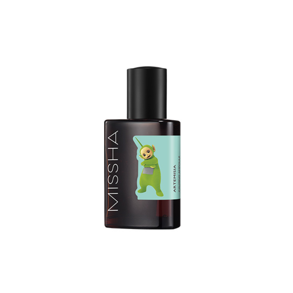 MISSHA Artemisia Calming Ampoule bottle featuring a Teletubbies character on a mint green label.