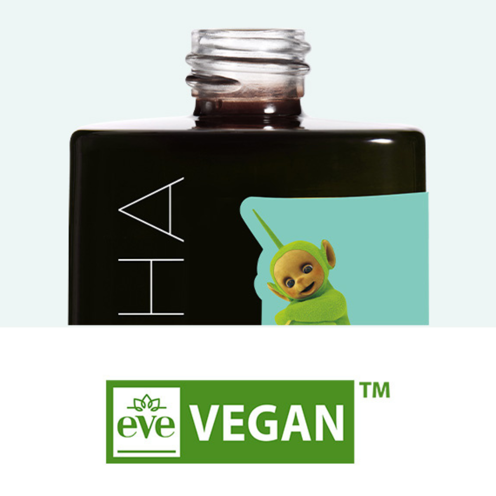 Vegan product with a teletubbies character and 'eve' brand logo on a white background