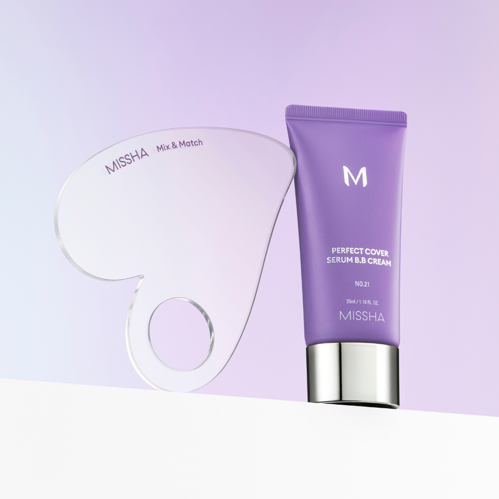 MISSHA Perfect Cover Serum BB Cream in lavender packaging with silver cap, displayed beside a transparent heart-shaped mixing palette labeled “MISSHA Mix & Match.”