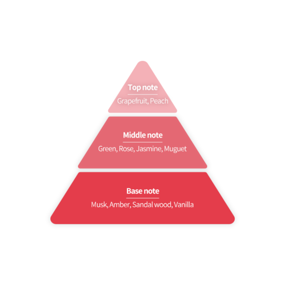 Fragrance pyramid chart illustrating the scent composition of a product. The top note includes Grapefruit and Peach; the middle note features Green, Rose, Jasmine, and Muguet; and the base note contains Musk, Amber, Sandalwood, and Vanilla. The pyramid design uses a gradient of red shades from light to dark to represent each layer.